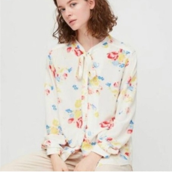 UNIQLO Rayon Crepe Tie Long Sleeve Blouse (INES DE LA FRESSANGE), natural - Picture 1 of 14